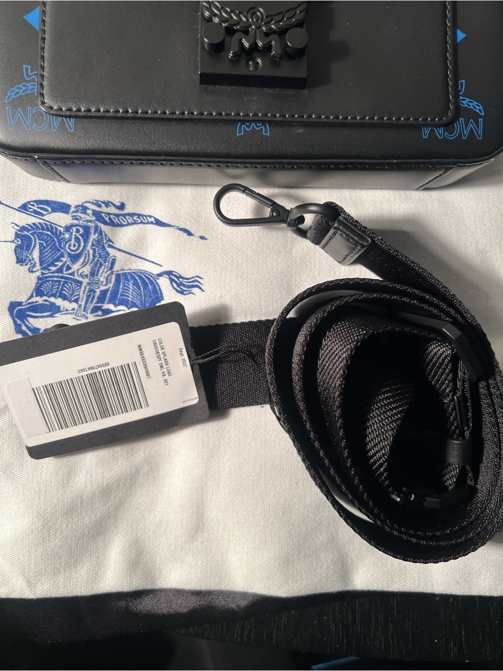 MCM Black Leather Messenger Bag with Blue Logo Accents